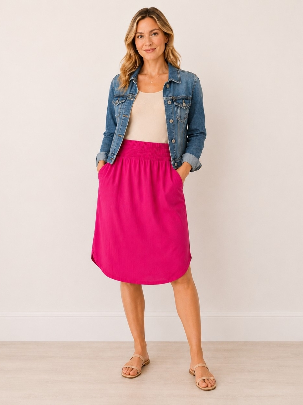 Zenana Outfitters Bright Fuchsia Midi Skirt with Elastic Waistband